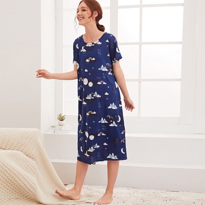 

Cartoon Graphic Night Dress, Navy blue