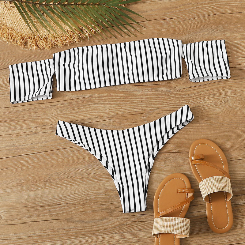 

Striped Bardot Top With High Cut Bikini Set, Black and white