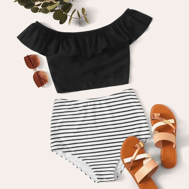 

Striped Ruffle Trim High Waisted Bikini Swimsuit, Black and white