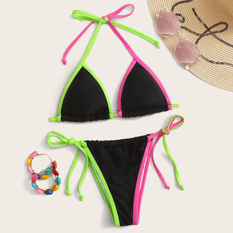 

Contrast Binding Triangle Tie Side Bikini Swimsuit, Black