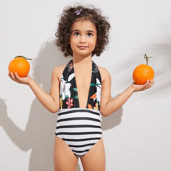 

Toddler Girls Floral & Striped Print One Piece Swimwear, Multicolor