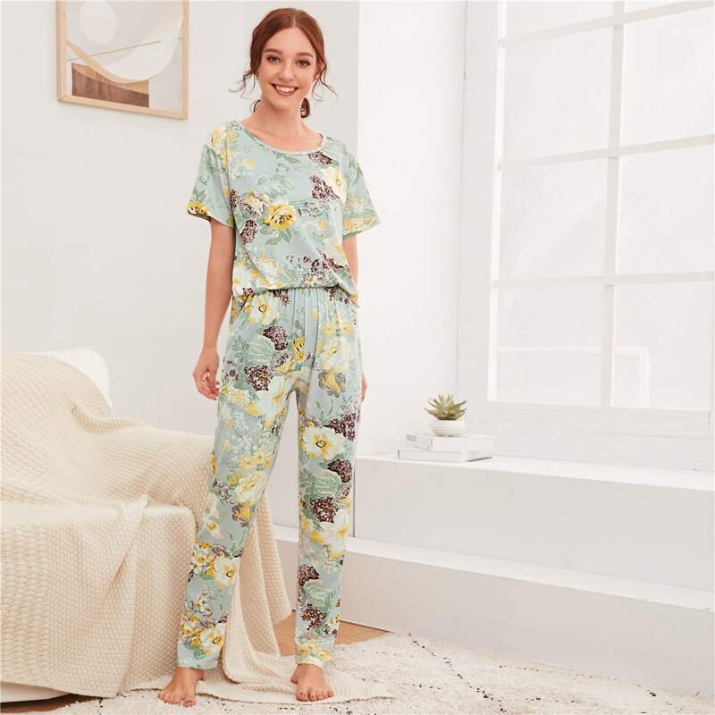 

Floral Print Tee & Pants PJ Set, Multicolor