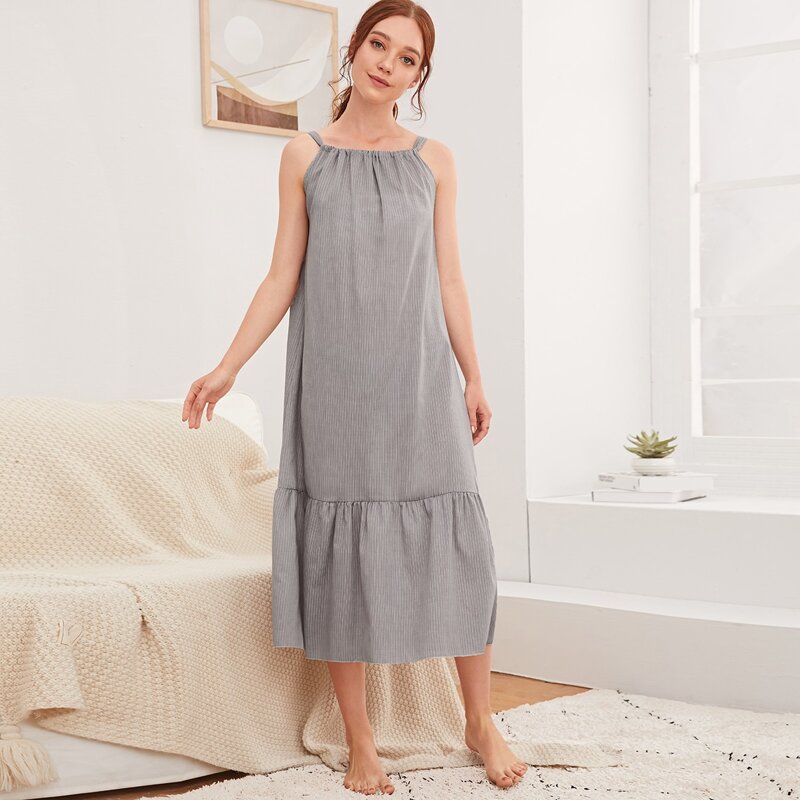 

Striped Ruffle Hem Cami Night Dress, Grey