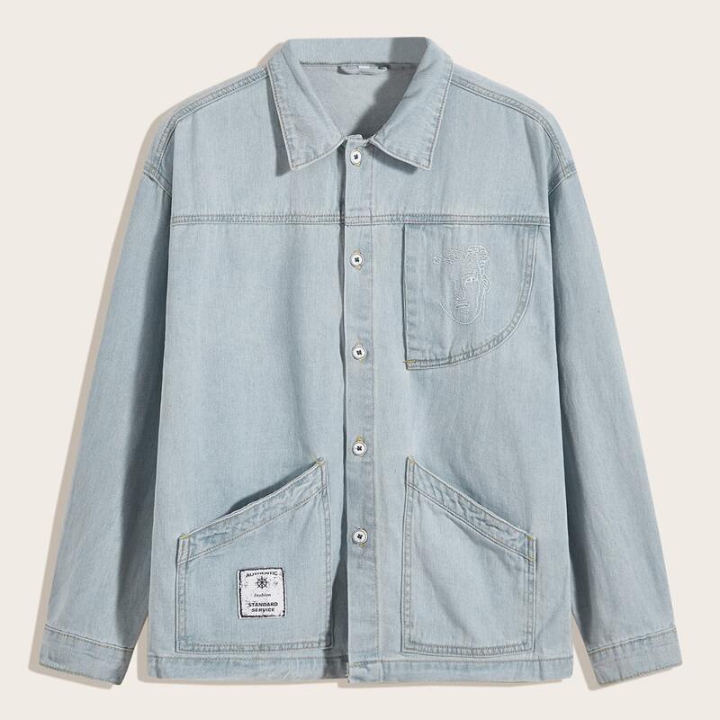 

Guys Slant Pocket Letter Patched Denim Jacket, Blue