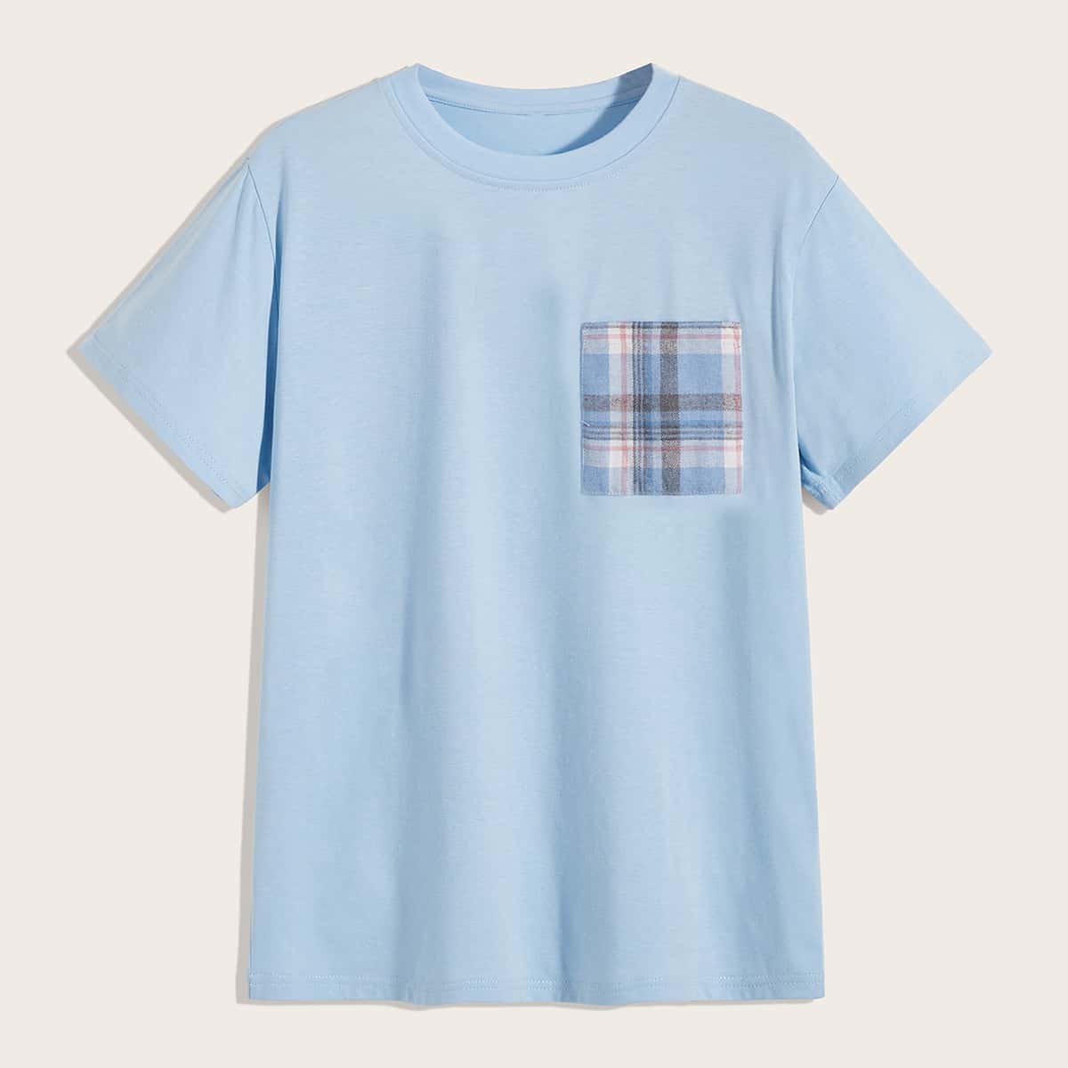 

Guys Plaid Pocket Patched Tee, Blue pastel