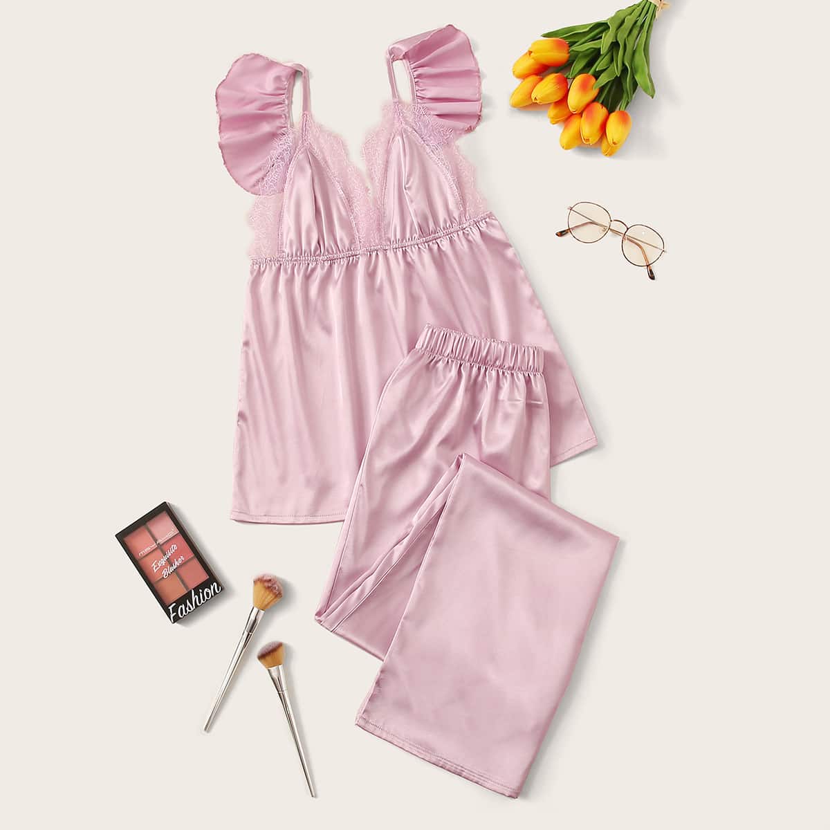 

Contrast Lace Satin Cami PJ Set, Pink