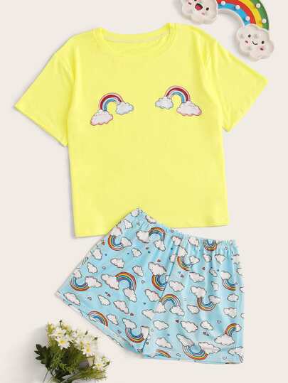 Cartoon Graphic Tee & Shorts PJ Set