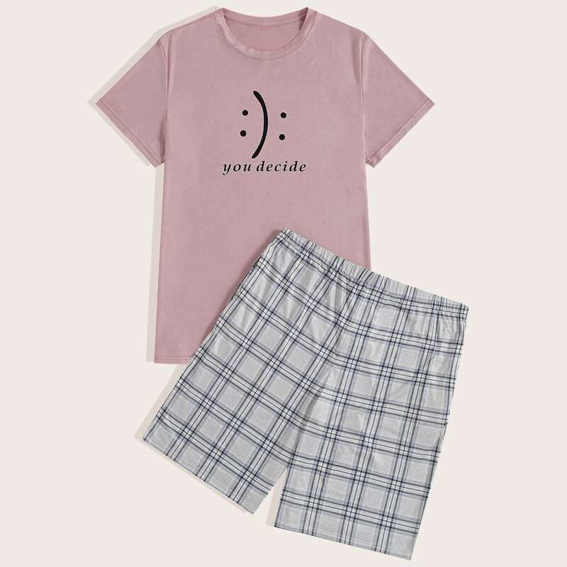 

Guys Letter Graphic Tee & Plaid Shorts PJ Set, Multicolor