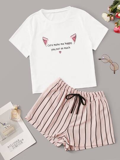 Slogan Graphic Tee & Shorts PJ Set