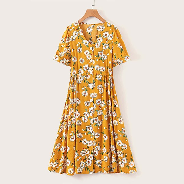 

Floral Print Button Through Flare Hem Dress, Yellow