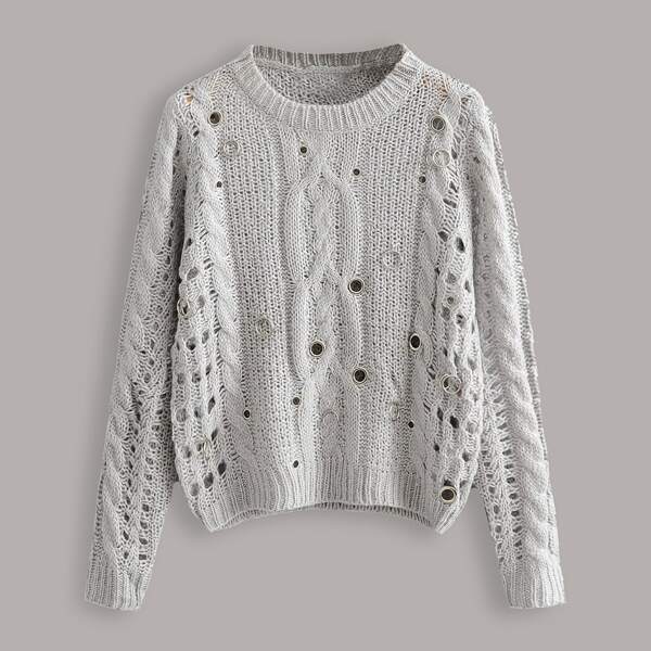 

Ring Detail Pointelle Knit Sweater, Grey