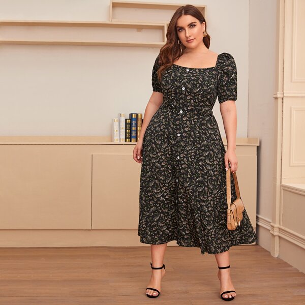 

Plus Floral Print Button Front A-line Dress, Black