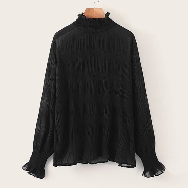 

Solid Shirred Frill Neck Blouse, Black
