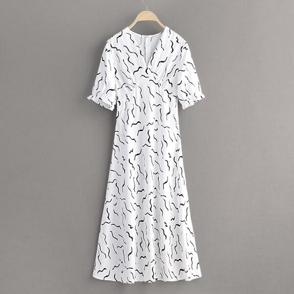 

All Over Print Zip Back Frill Cuff Dress, White