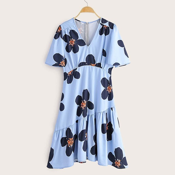 

Floral Print Ruffle Hem Zip Back Dress, Blue