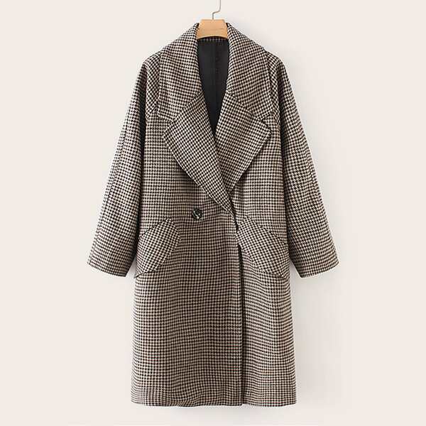 

Houndstooth Print Flap Pocket Raglan Sleeve Coat, Brown