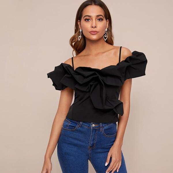 

Cold Shoulder Shirred Back Exaggerated Ruffle Top, Black