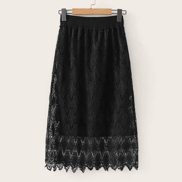 

Elastic Waist Lace Overlay Skirt, Black