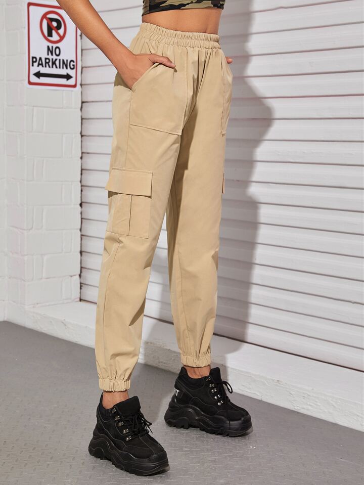 SHEIN EZwear Flap Pocket Side Elastic Waist Cargo Pants