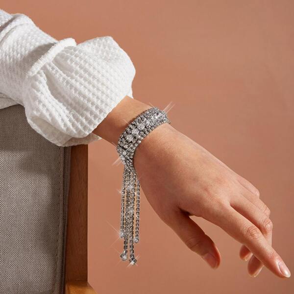 

1pc Rhinestone Engraved Tassel Chain Bracelet, Silver