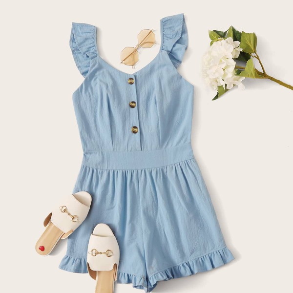 

Ruffle Cuff Frilled Trim Button Romper, Blue