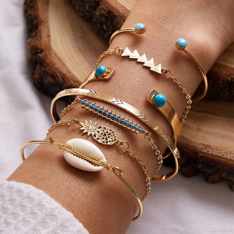 

7pcs Shell & Pineapple Decor Bracelet, Gold