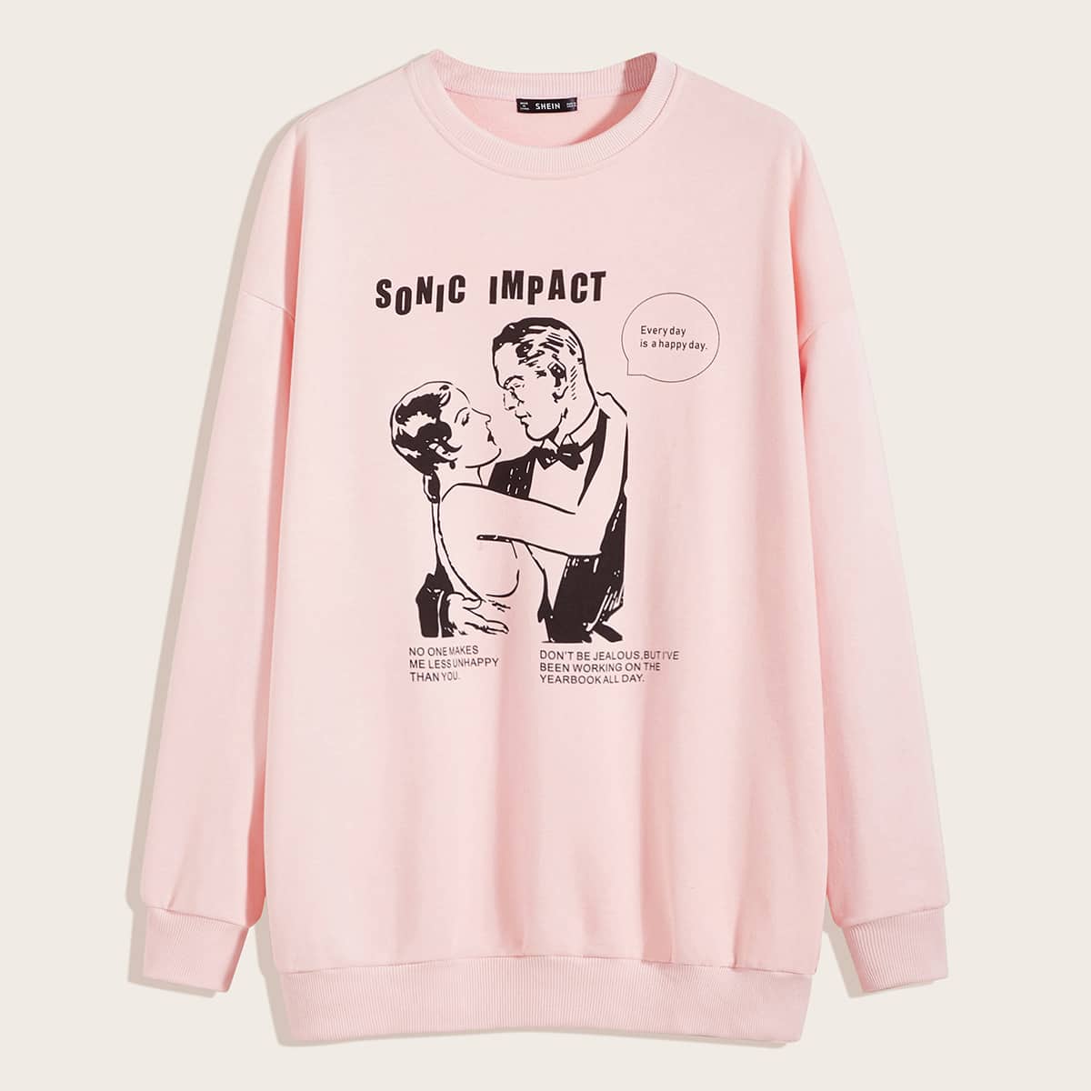 

Guys Slogan and Figure Graphic Pullover, Pink