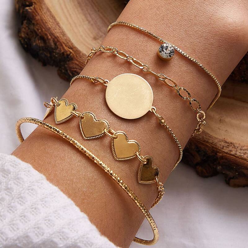 

5pcs Disc & Heart Decor Bracelet, Gold