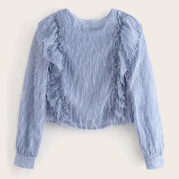 

Button Back Ruffle Trim Frayed Blouse, Blue