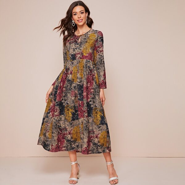 

Landscape Print Frog Button Smock Dress, Multicolor