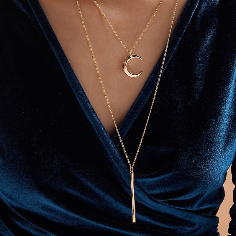 

1pc Moon & Bar Charm Layered Necklace, Gold