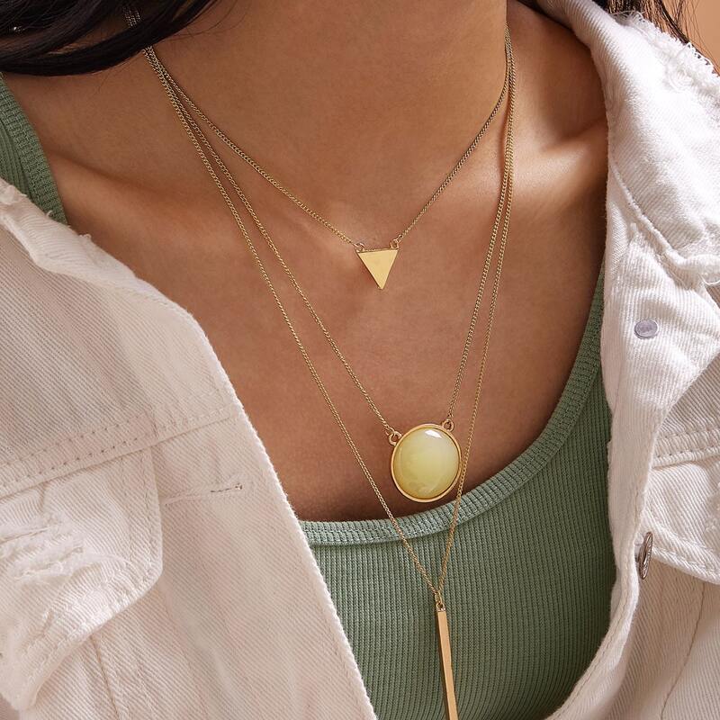 

1pc Bar & Geometric Charm Layered Necklace, Gold