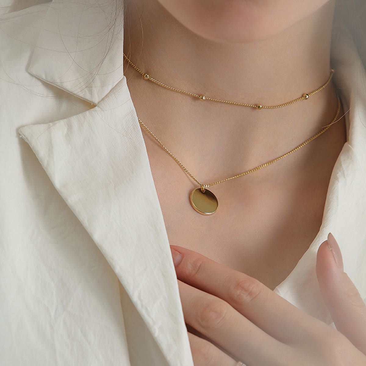 

1pc Disc Charm Layered Necklace, Gold