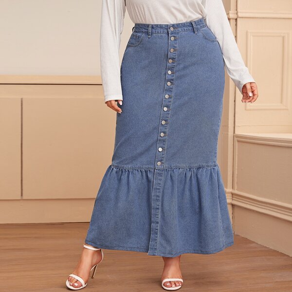 

Plus Button Front Mermaid Denim Skirt, Pastel medium wash