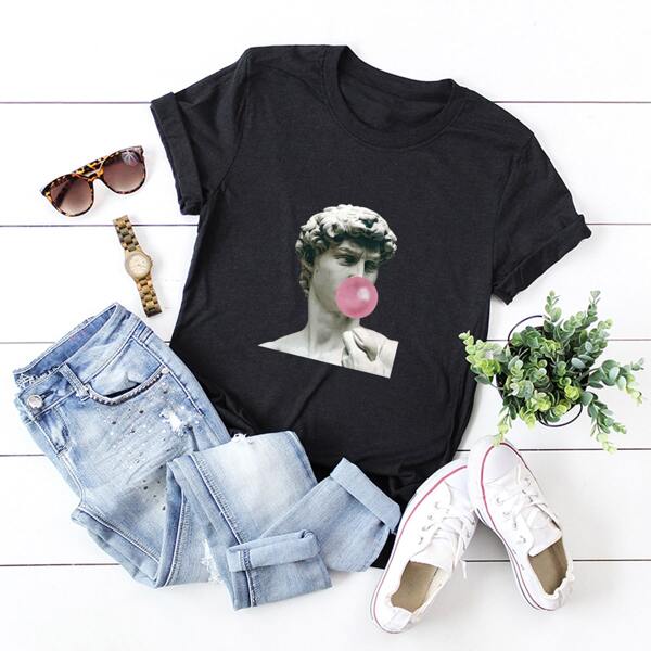 

Plus Figure Graphic Round Neck Tee, Black