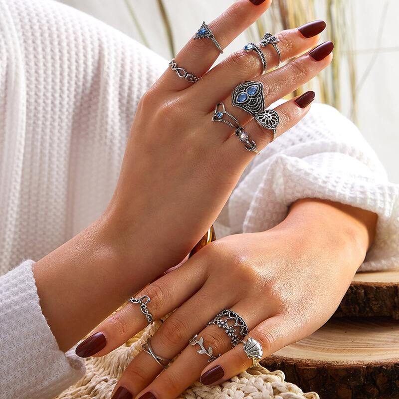 

14pcs Rhinestone & Geometric Decor Ring, Silver