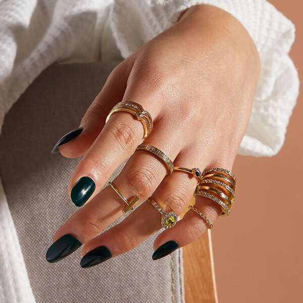 

7pcs Rhinestone & Bar Decor Ring, Gold