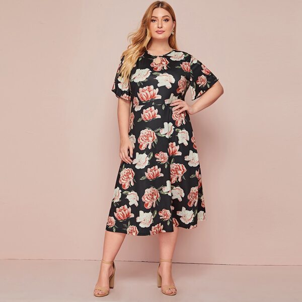 

Plus Floral Print A-line Dress, Black