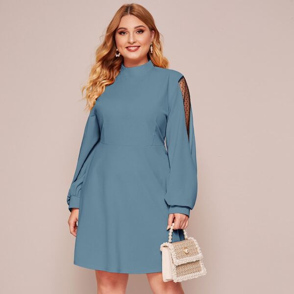 

Plus Mock Neck Contrast Dobby Mesh A-line Dress, Blue