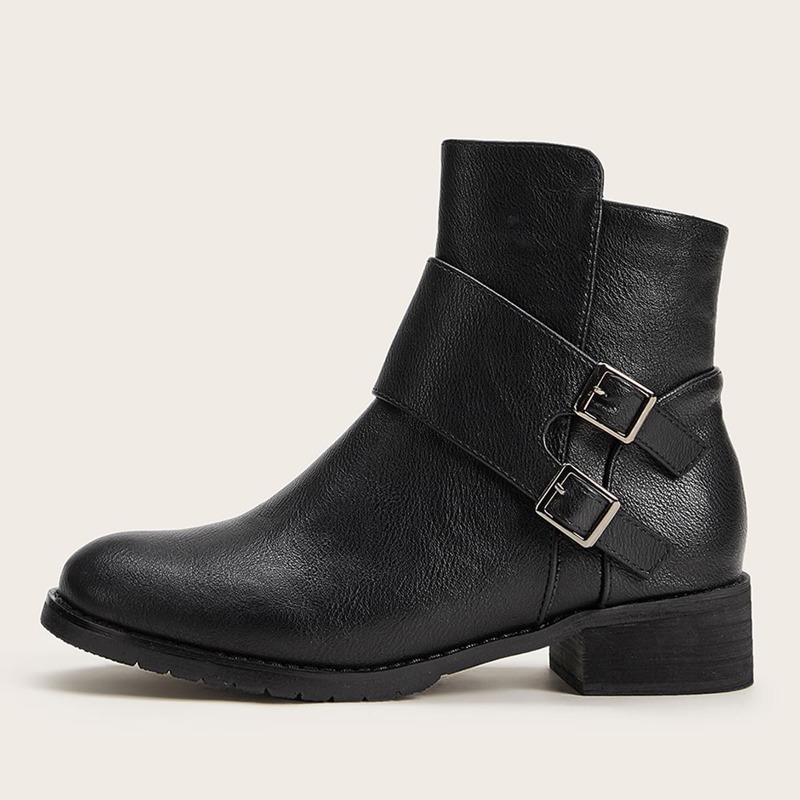 

Double Buckle Decor Side Zip Chunky Boots, Black