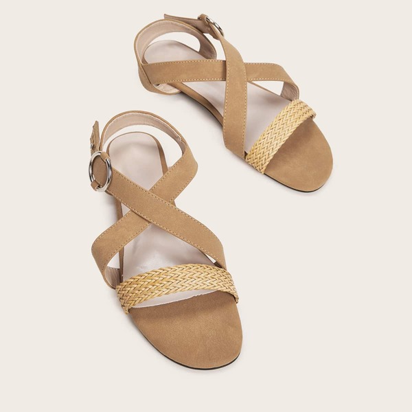 

Open Toe Braided Cross Strap Flat Sandals, Khaki
