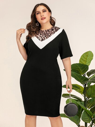 Plus Contrast Leopard Chevron Dress