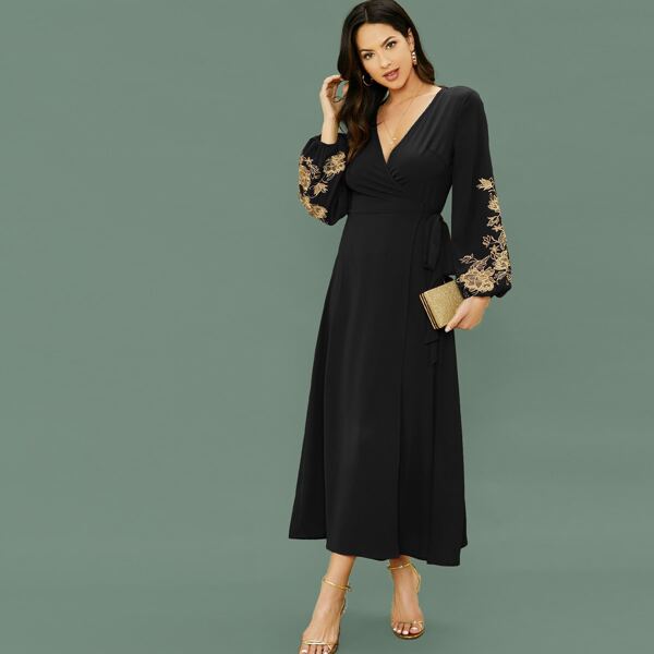 

Embroidered Lantern Sleeve Tie Side Wrap Dress, Black