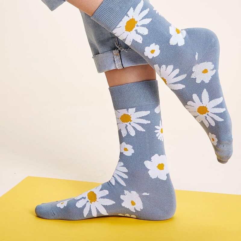 

1pair Flower Pattern Socks, Dusty blue