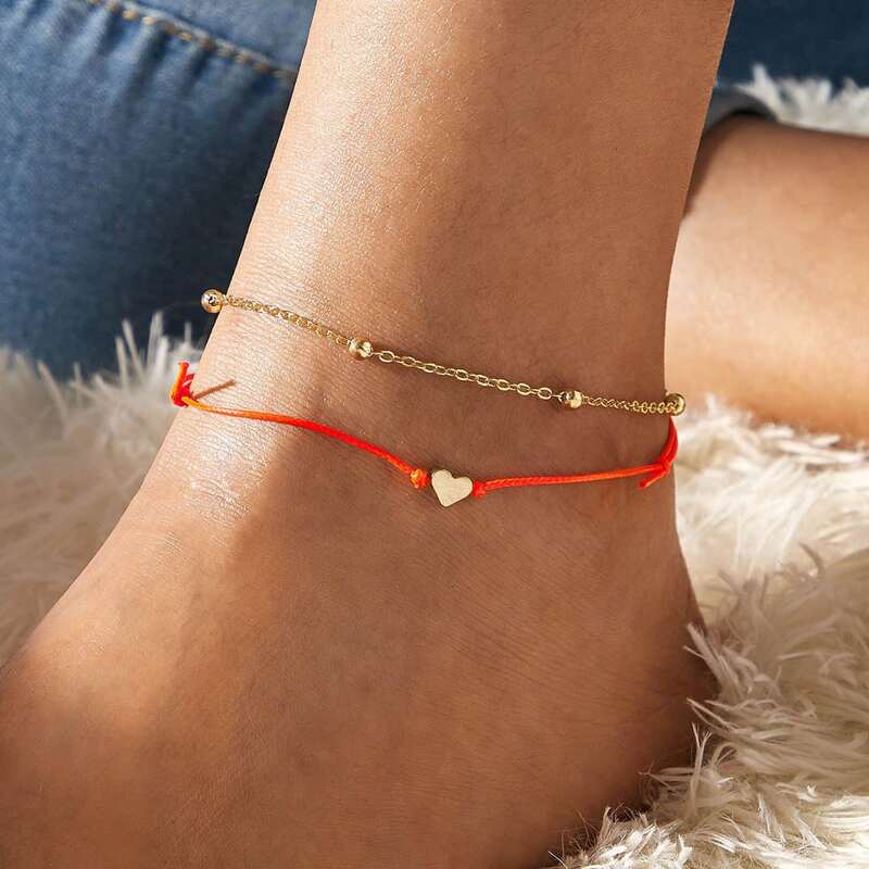 

2pcs Heart & Ball Decor Anklets, Multicolor