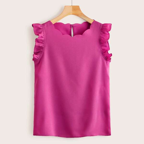 

Scallop Trim Ruffle Armhole Top, Pink bright