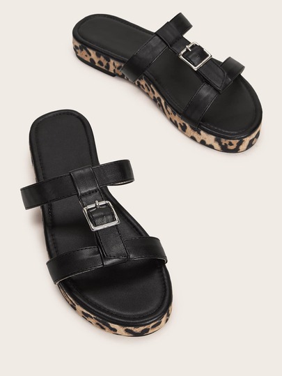 Buckle Decor Leopard Sole Open Toe Sliders