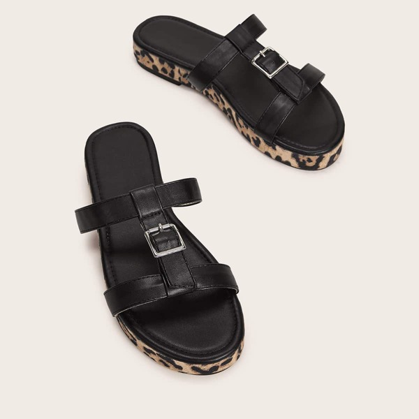 

Buckle Decor Leopard Sole Open Toe Sliders, Black