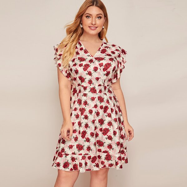 

Plus Floral Print Ruffle Cuff A-line Dress, Multicolor