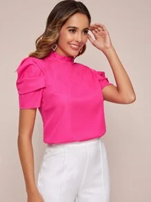SHEIN Clasi Top de manga farol de cuello fruncido rosado neón - Rosa Fucsia - Ver 4